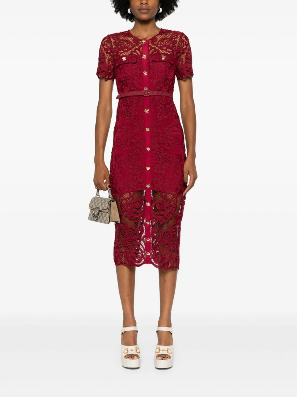 Guipure Lace Button Midi Dress, red