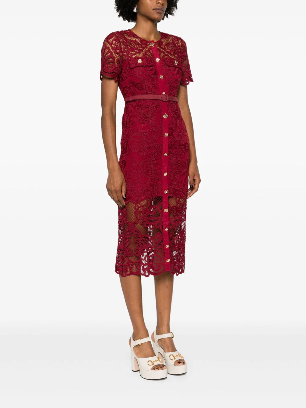 Guipure Lace Button Midi Dress, red