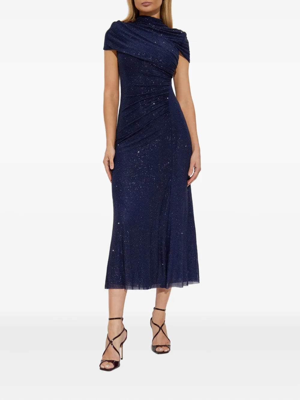 Rhinestone mesh cut out midi dress, navy