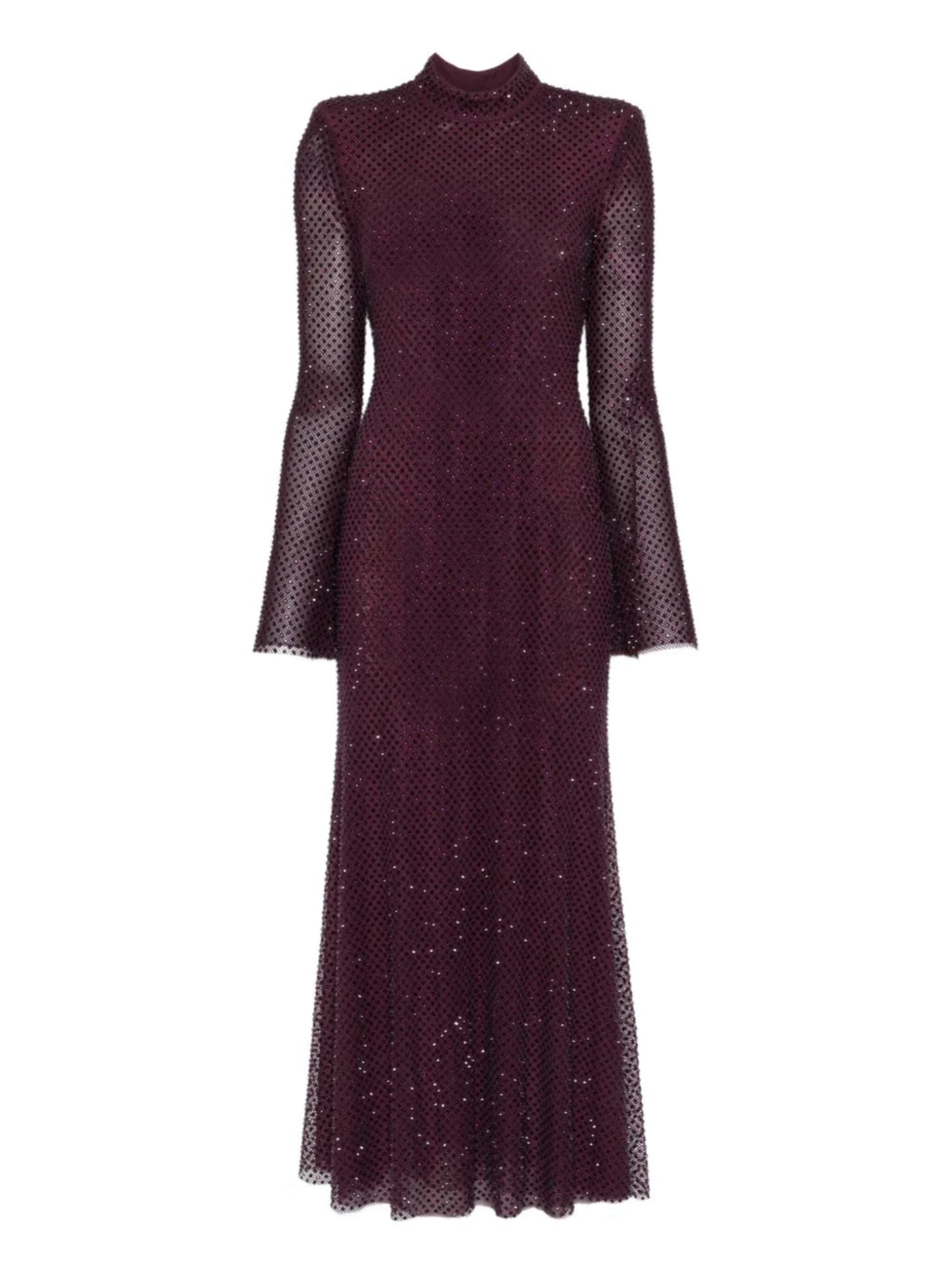 Elegant burgundy embellished dress with sheer sleeves on a white background