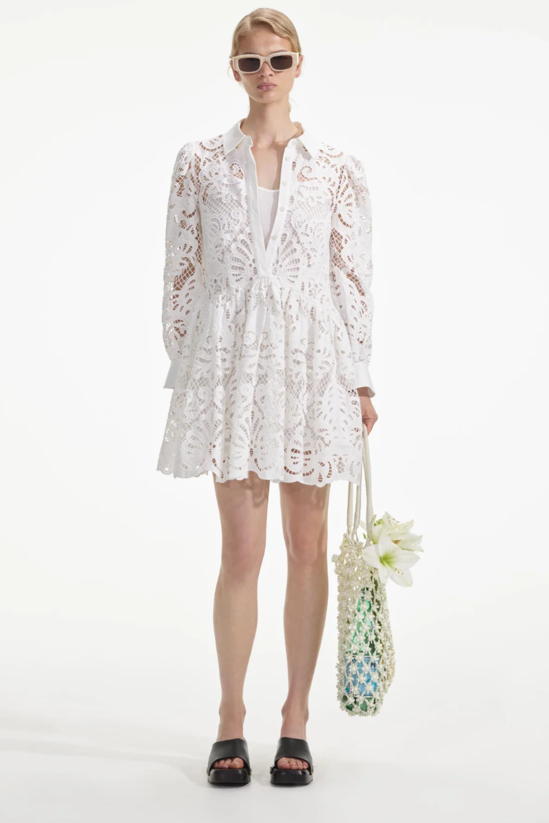 Cotton Lace Mini Shirt Dress, white