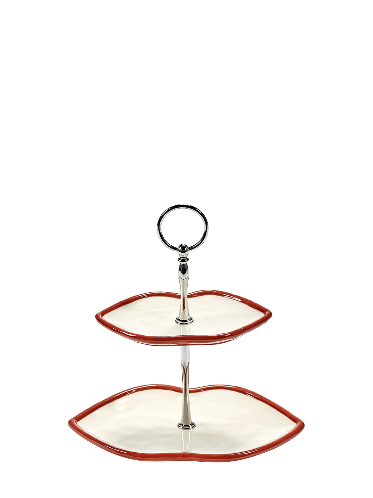 Two-tiered ceramic serving trayin shape of lips with red rim and ivory base, put together with silver stand on a white background