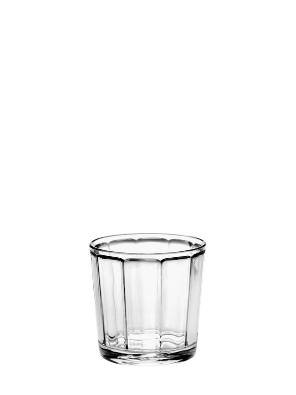 Clear glass tumbler on a white background