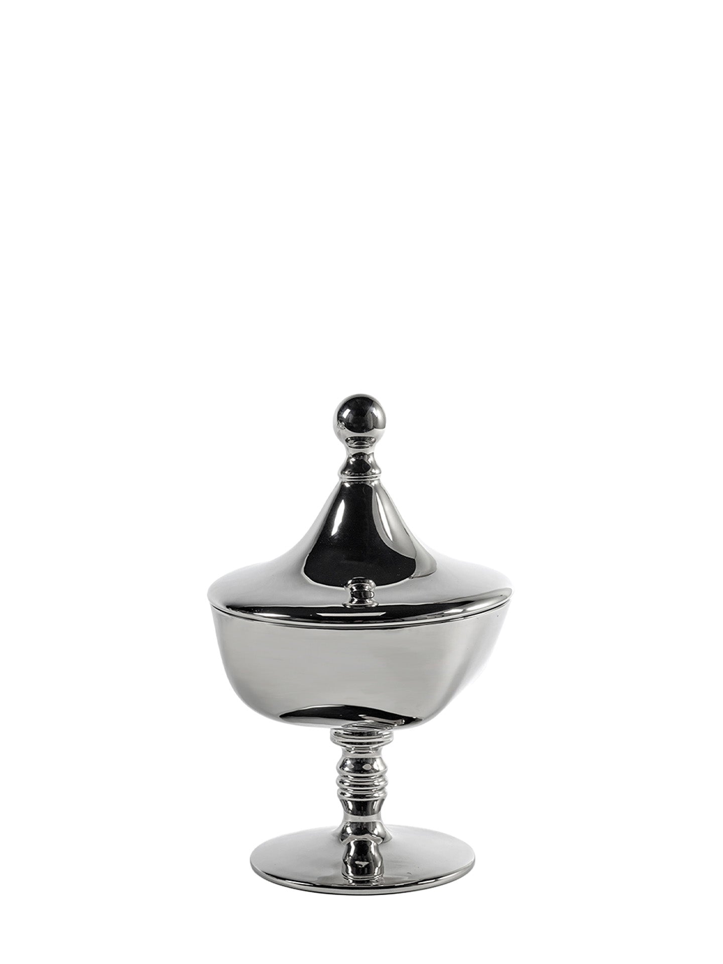 Gun-metal silver stemmed bowl with a lid made of glass on a white background