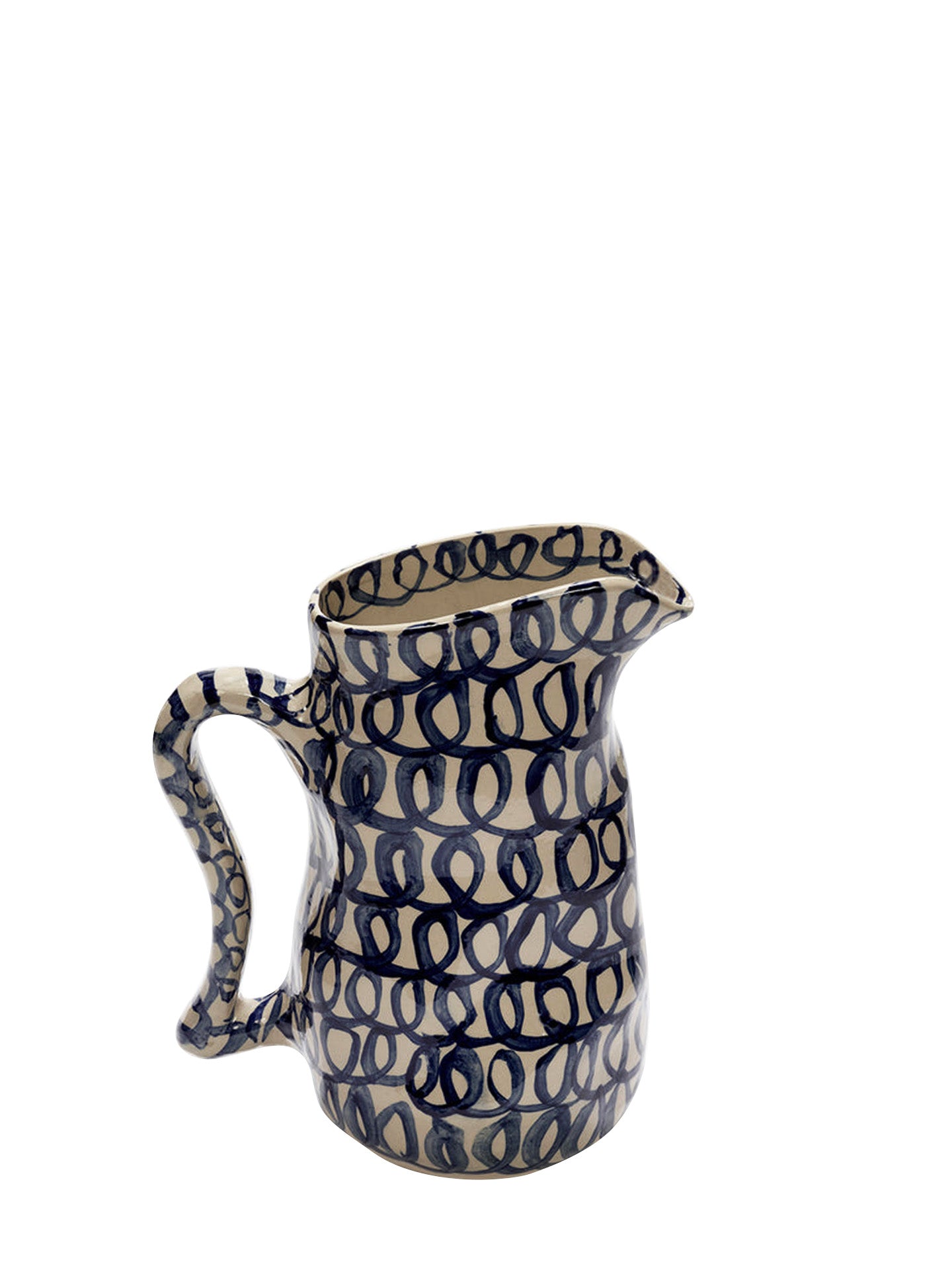 Ceramic pitcher with blue pattern on a white background