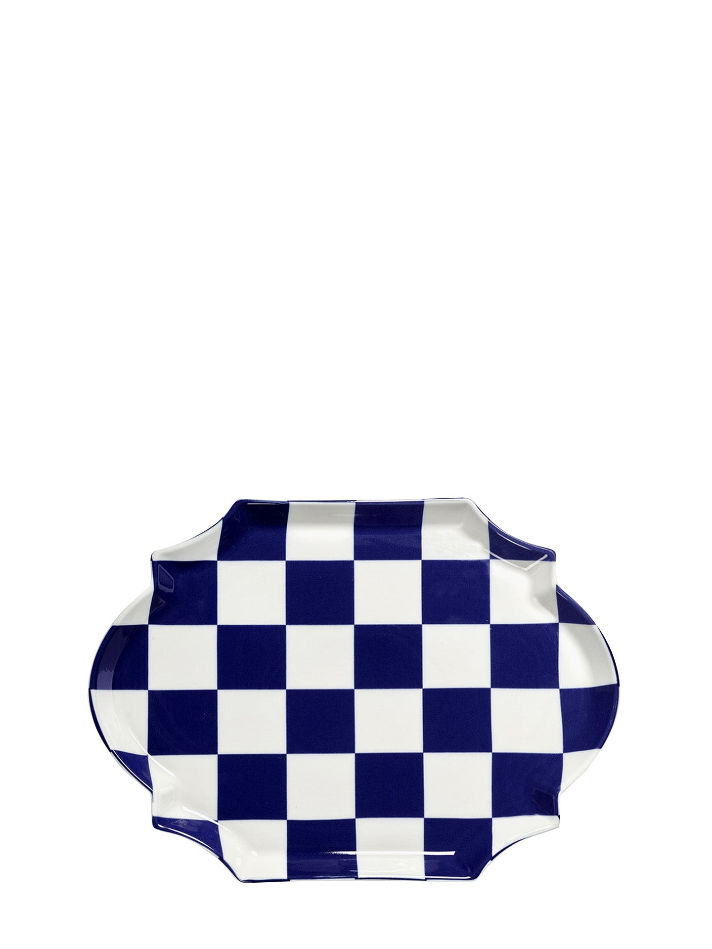 Blue and white checkered plate on a white background