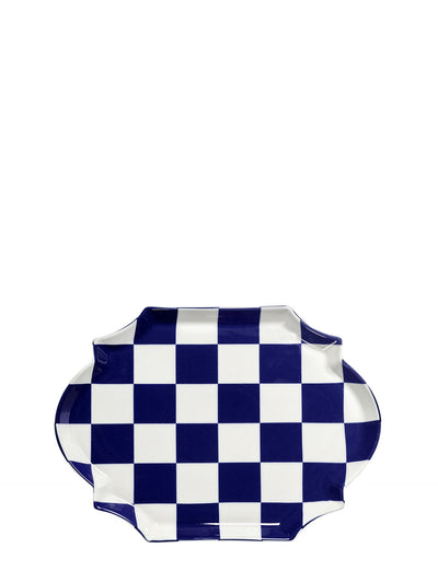 Checkerboard oval serving plate Fête des Bêtes, blue-white