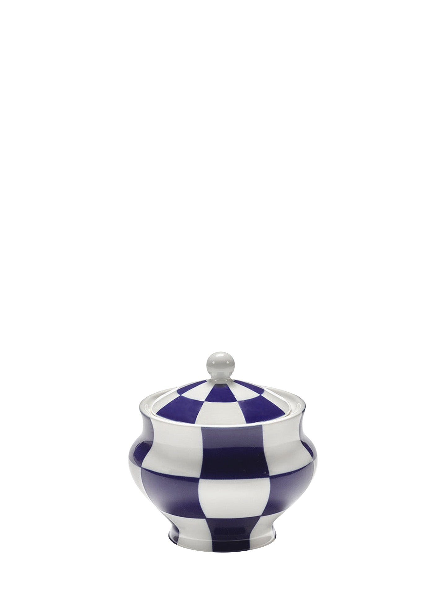 Blue and white checkered ceramic jar with a lid on a white background