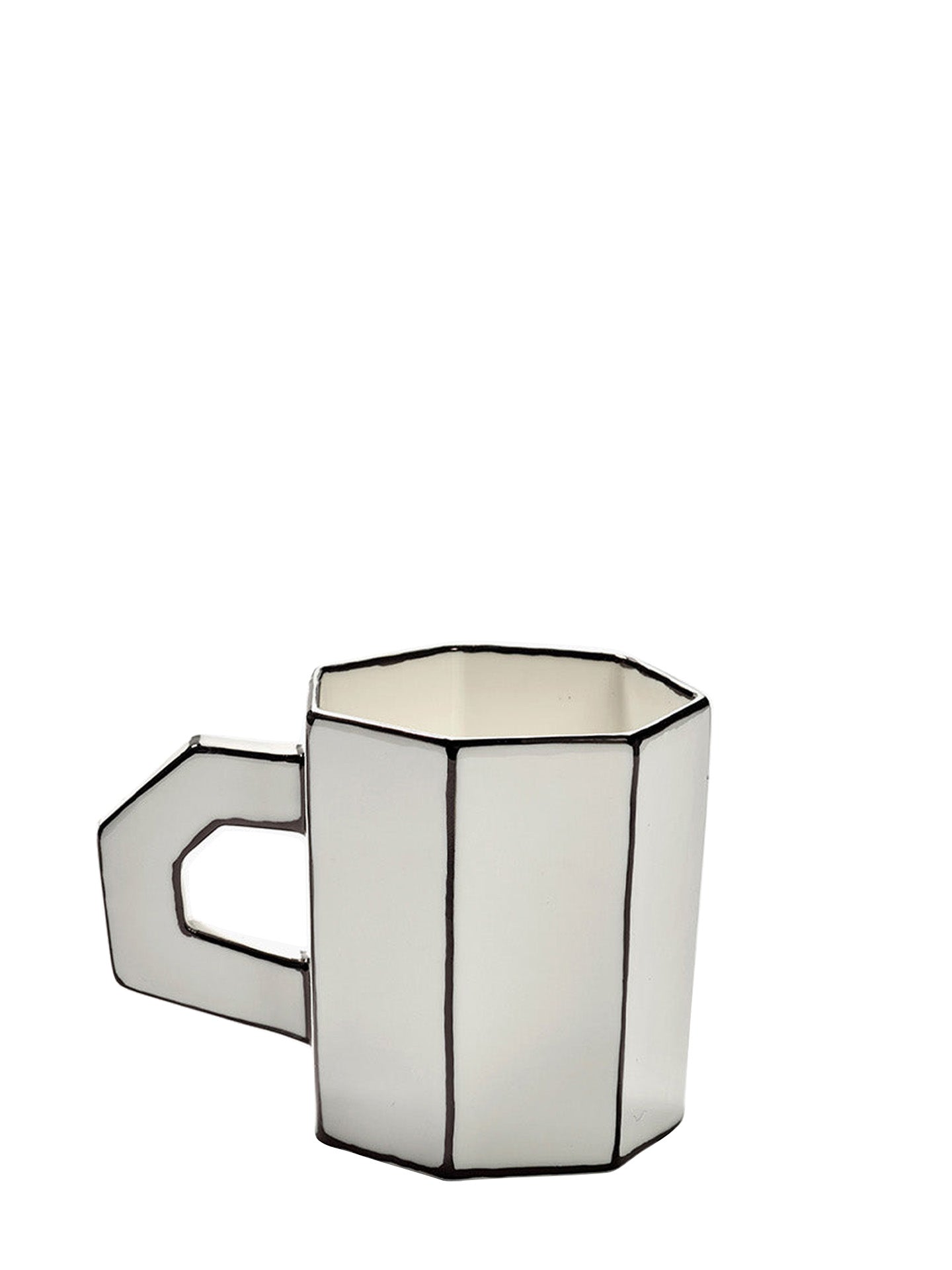 Hexagonal glass mug with a black rim on a white background