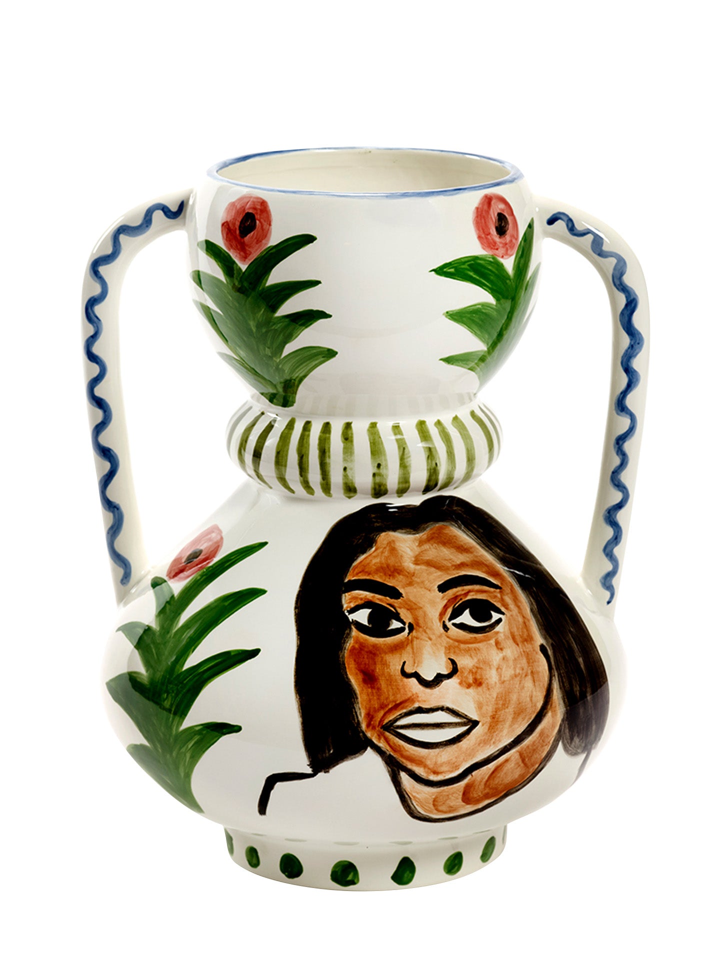 Ceramic vase with artistic face design and floral elements on a white background