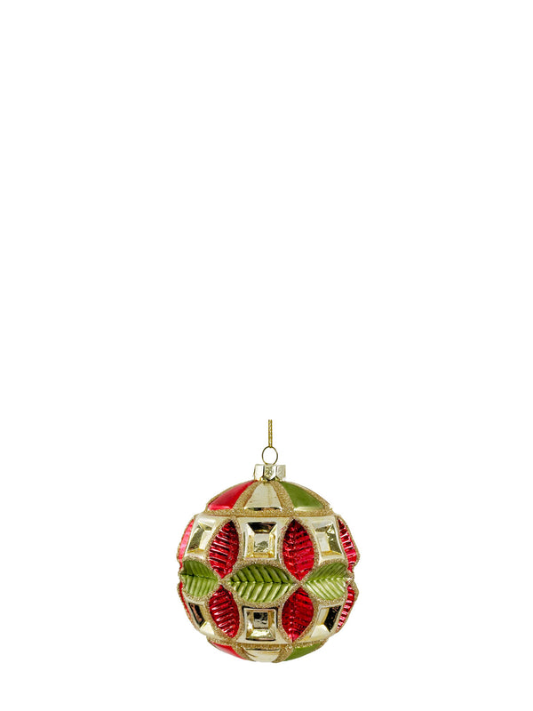 Leaf encrusted glass bauble, gold-red-green (10 cm)