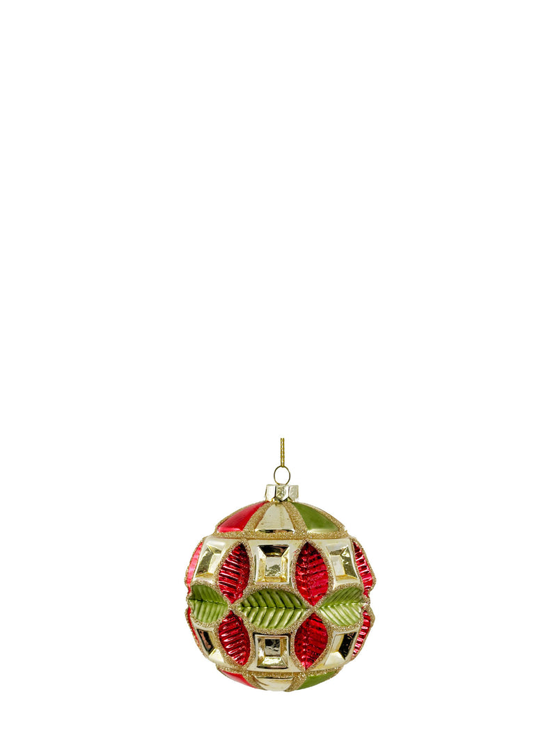Leaf encrusted glass bauble, gold-red-green (10 cm)