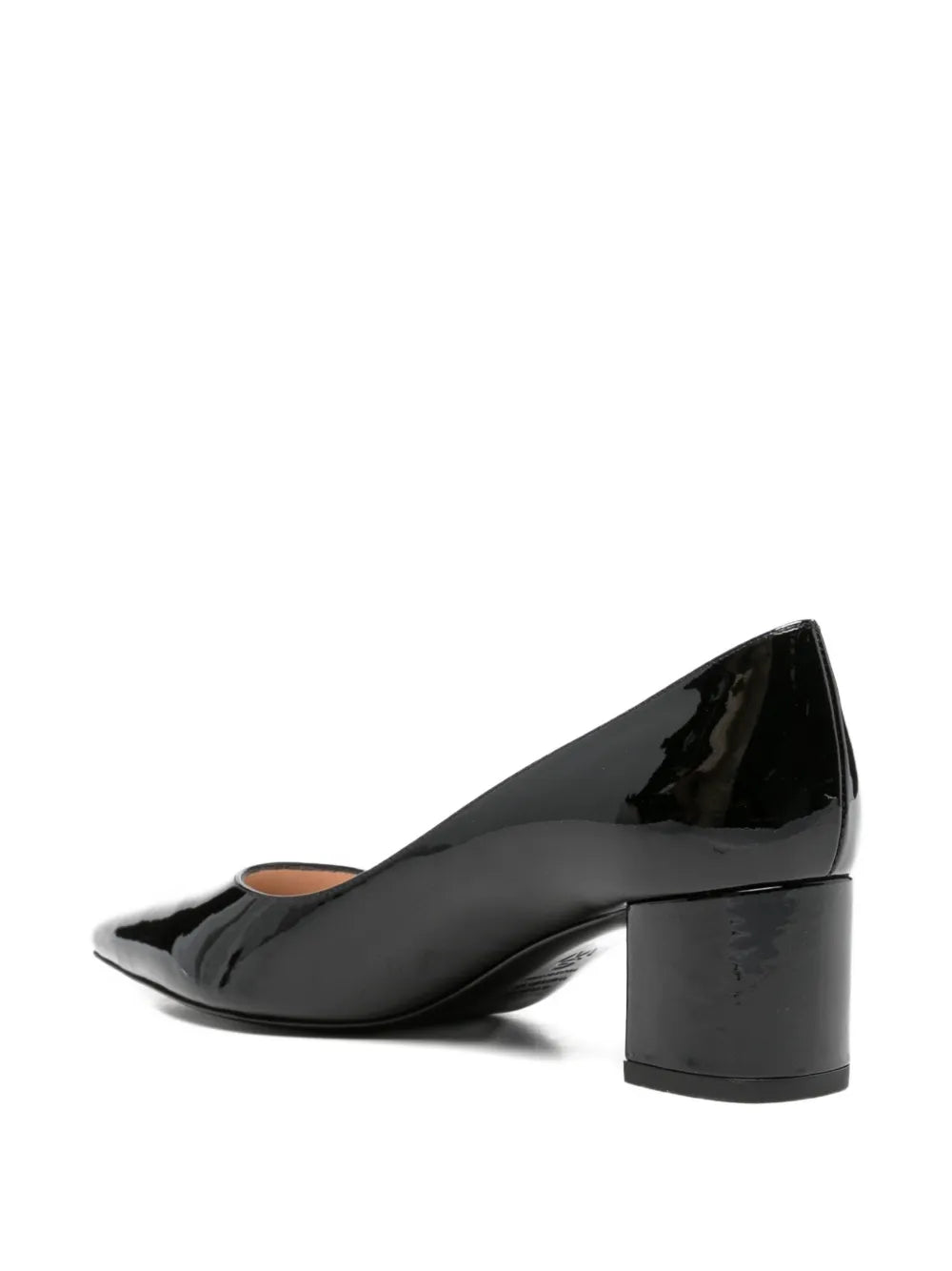 Black patent leather high heel shoe on a white background