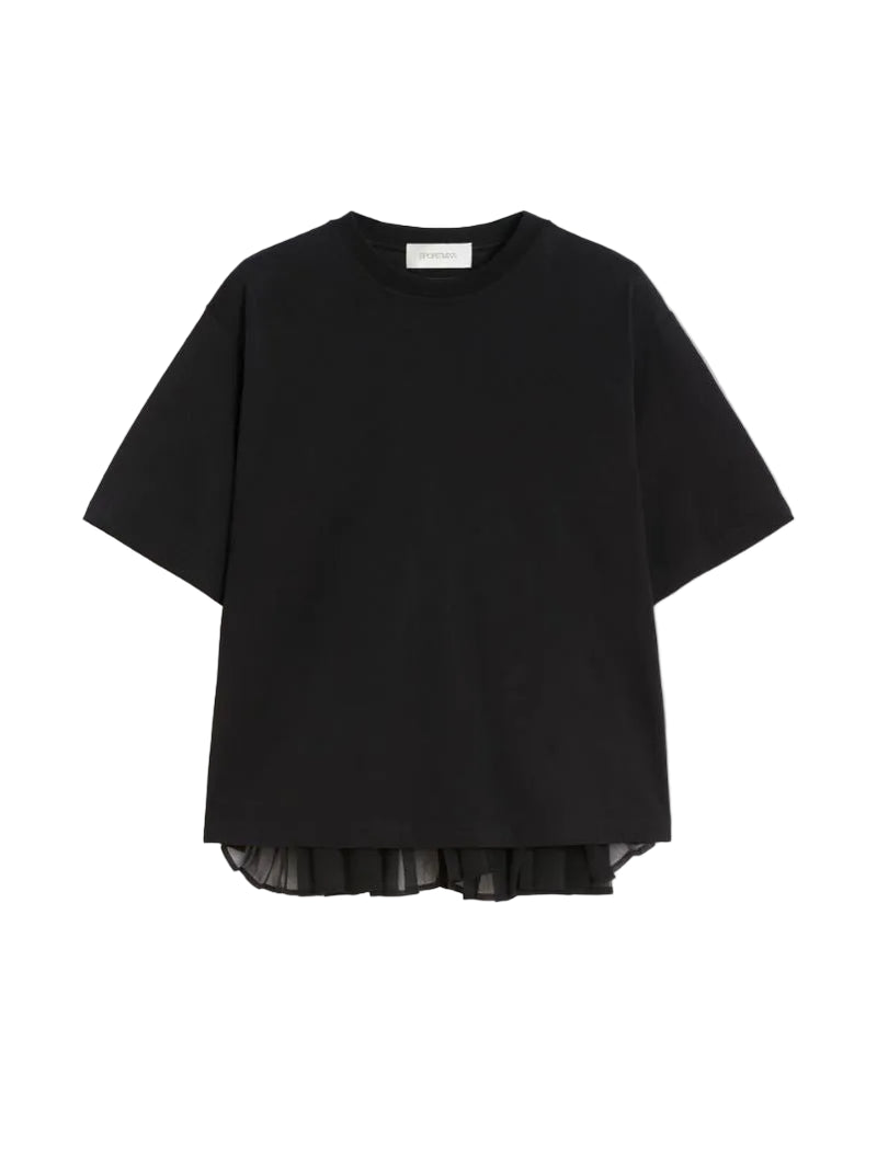Black t-shirt with sheer black ruffle trim on a white background. 
