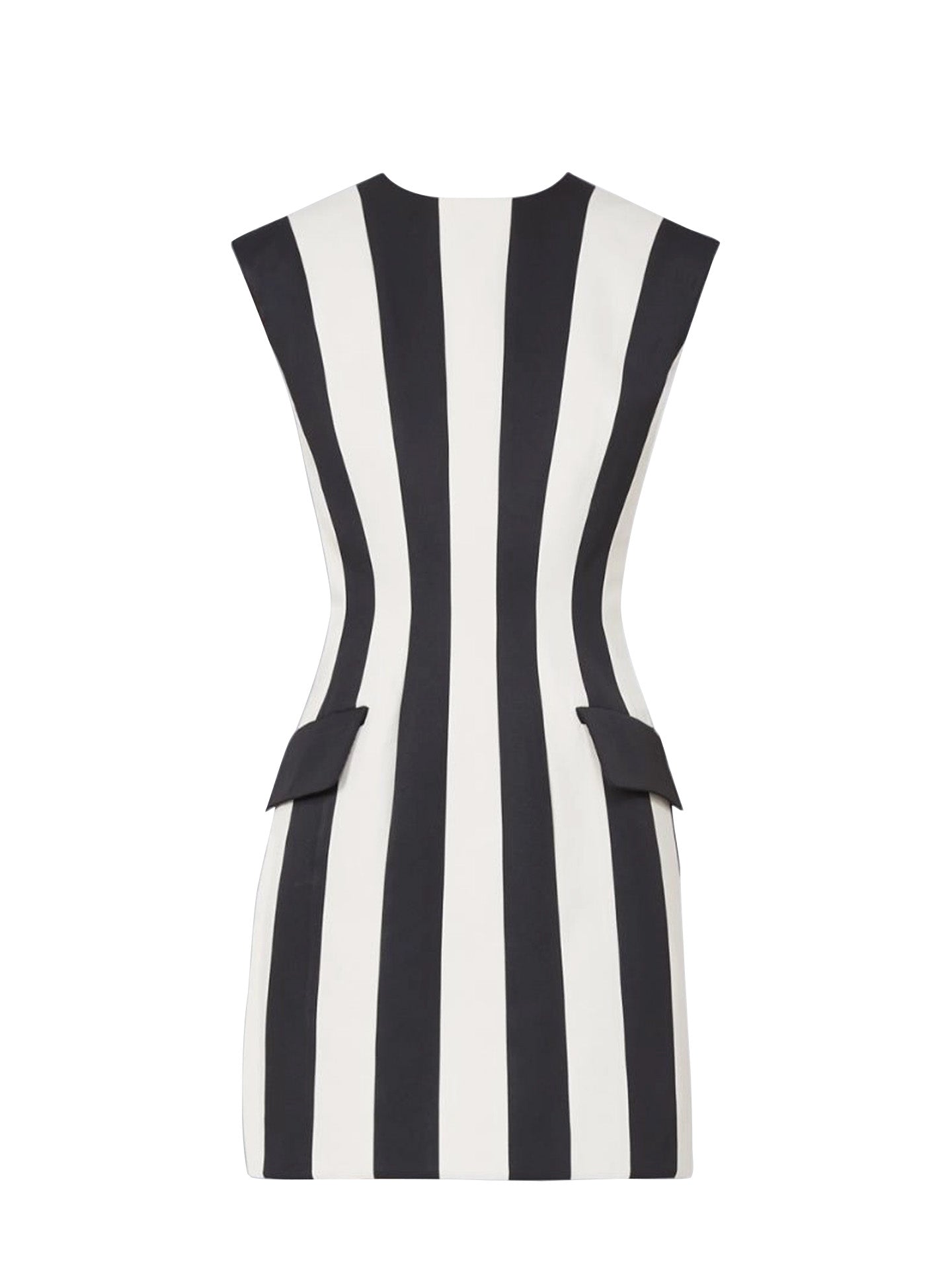 Sleeveless black and white vertical striped mini dress with a fitted silhouette on a white background