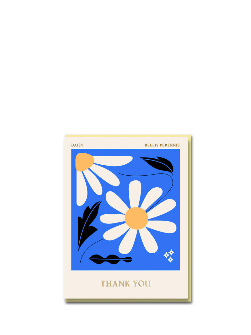 Greeting card with daisy design and 'Thank You' text on a blue background