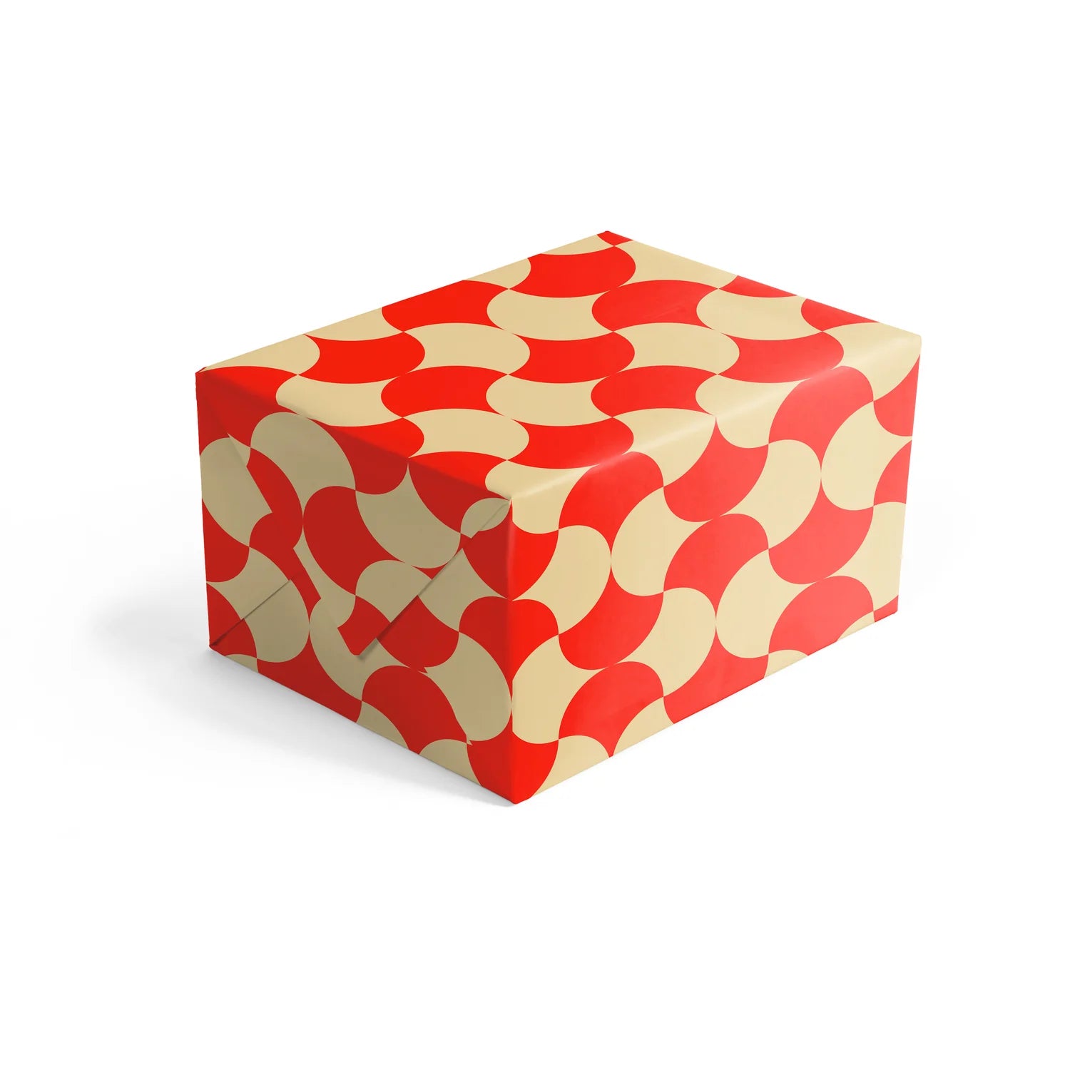 Rectangular gift box with red and beige geometric pattern on a white background