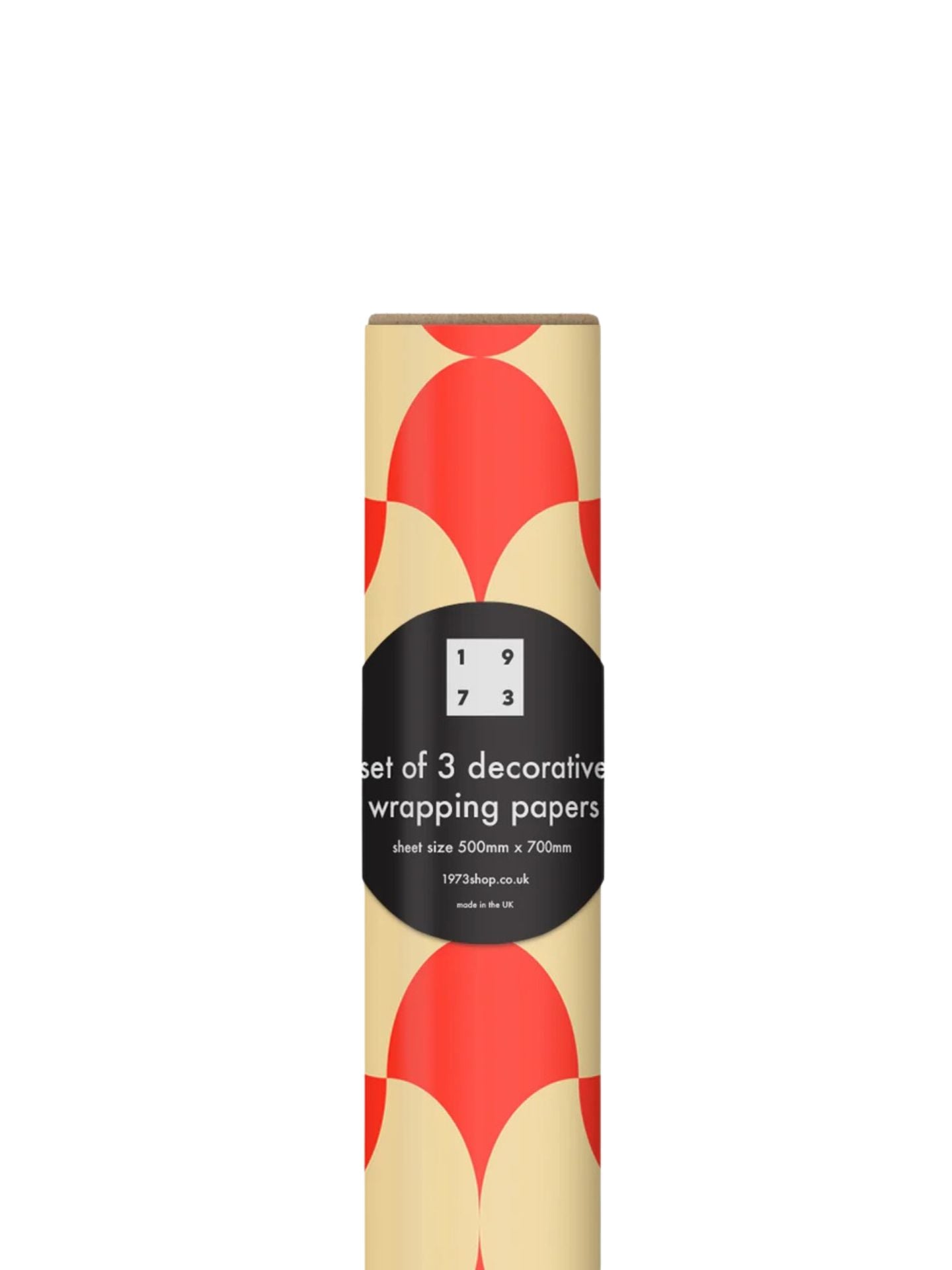 Packaging of a set of three decorative wrapping papers with red and beige design.