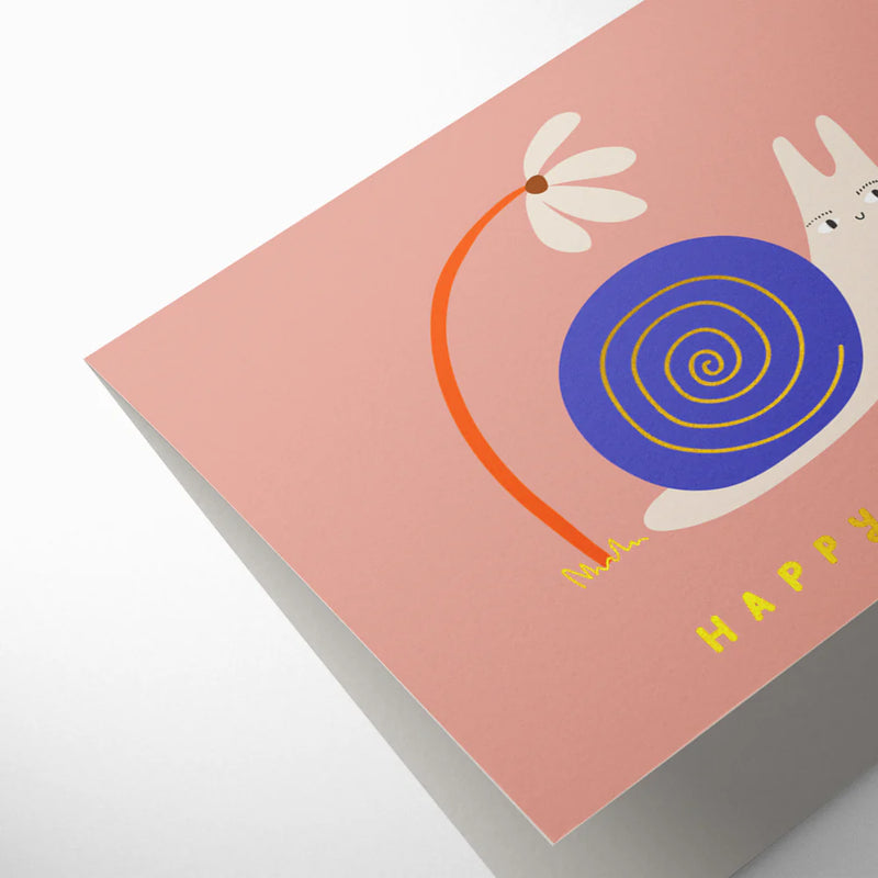 Card with a colorful illustration of snail and flower