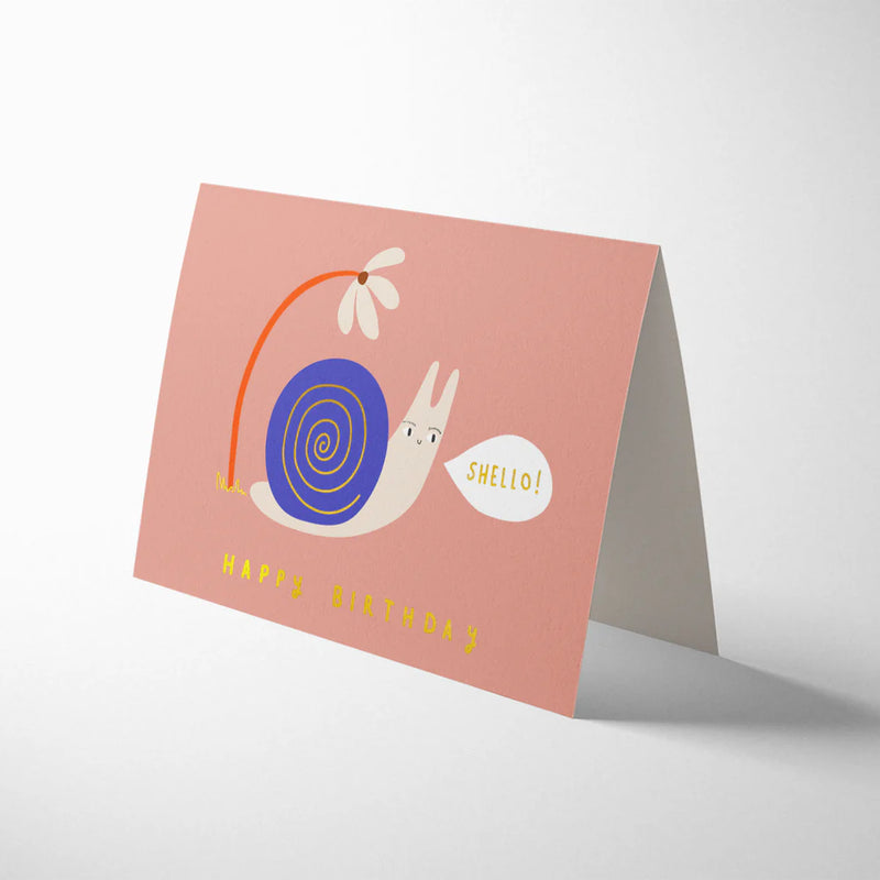 Greeting card with a snail illustration and 'Happy Birthday' text on a pink background