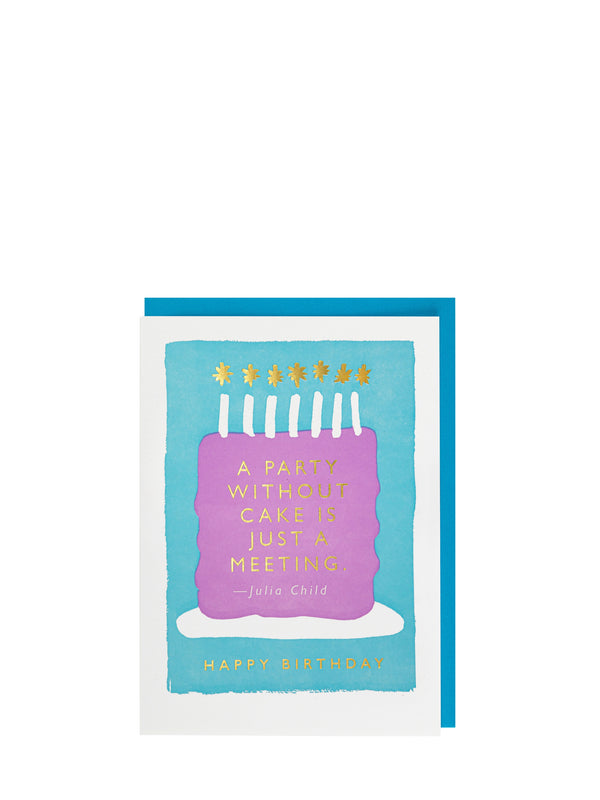 Birthday card with purple cake illustration and humorous quote on a blue background