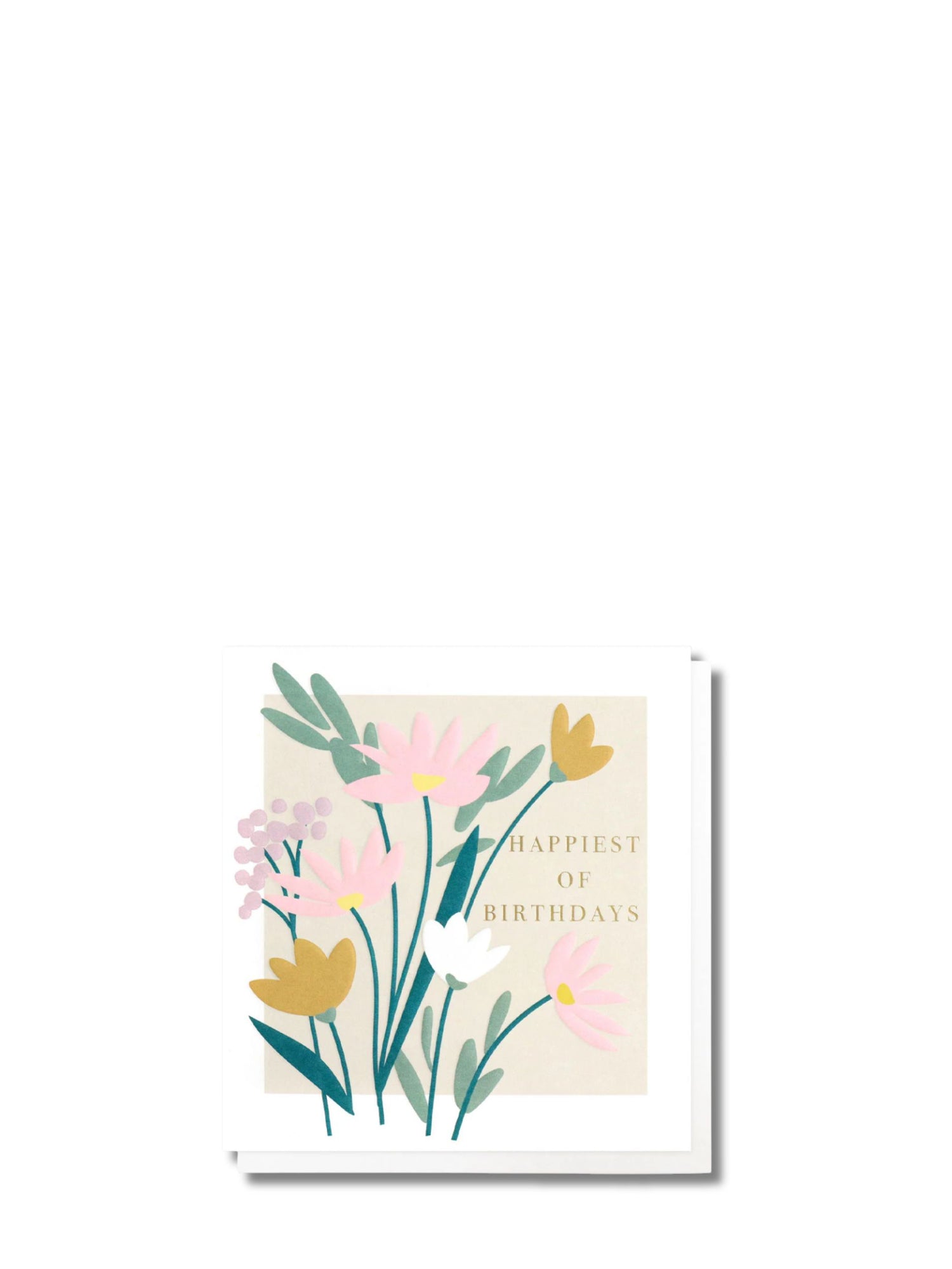 Greeting card with floral design and 'Happiest of Birthdays' text on a white background