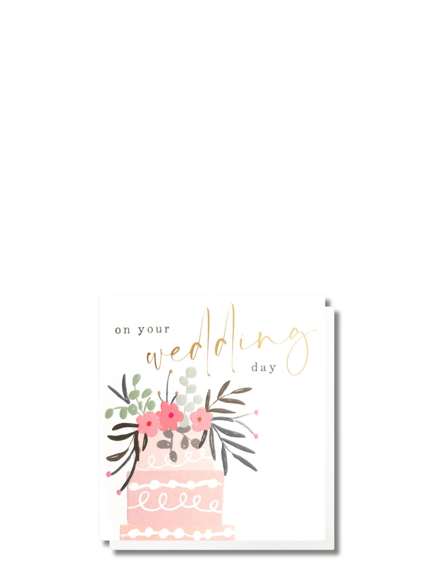 Greeting card with floral design and text 'on your wedding day' on a white background