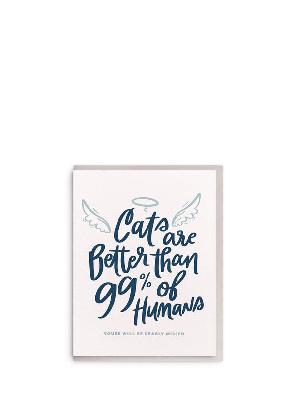 Card with text about cats and humans on a white background