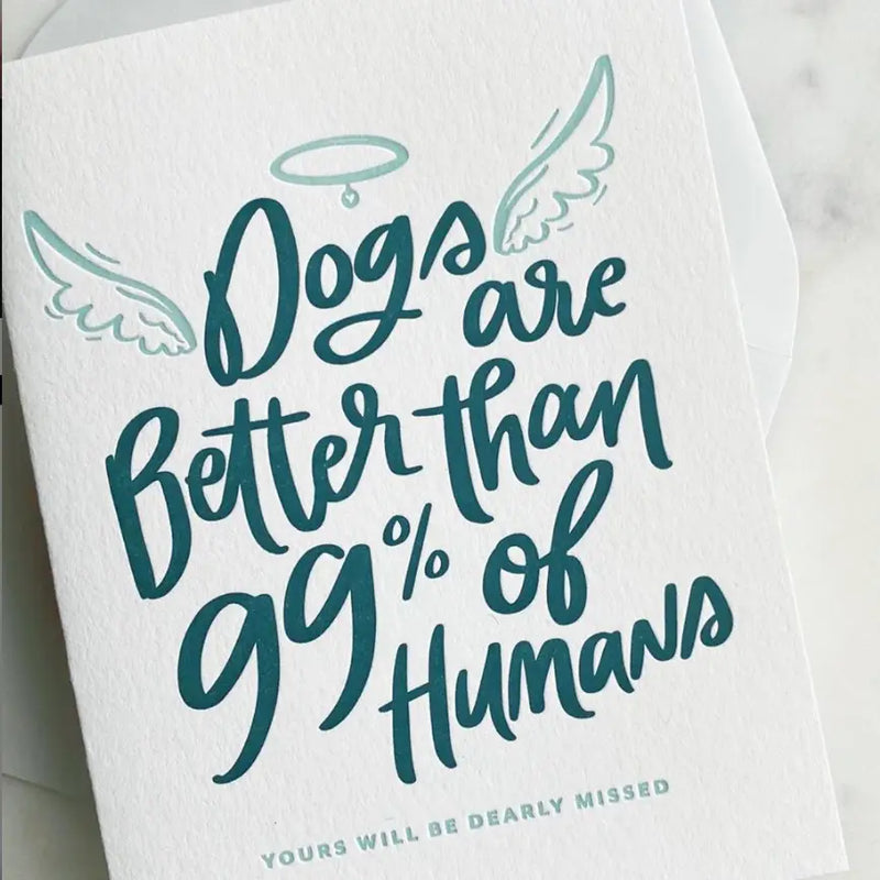 White card with teal text and angel wings on a white background