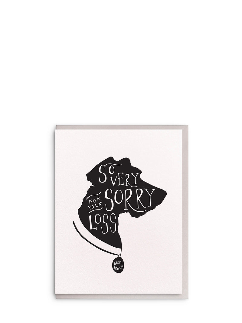 Framed artwork with a black silhouette of a dog and text 'So very sorry for your loss' on a white background