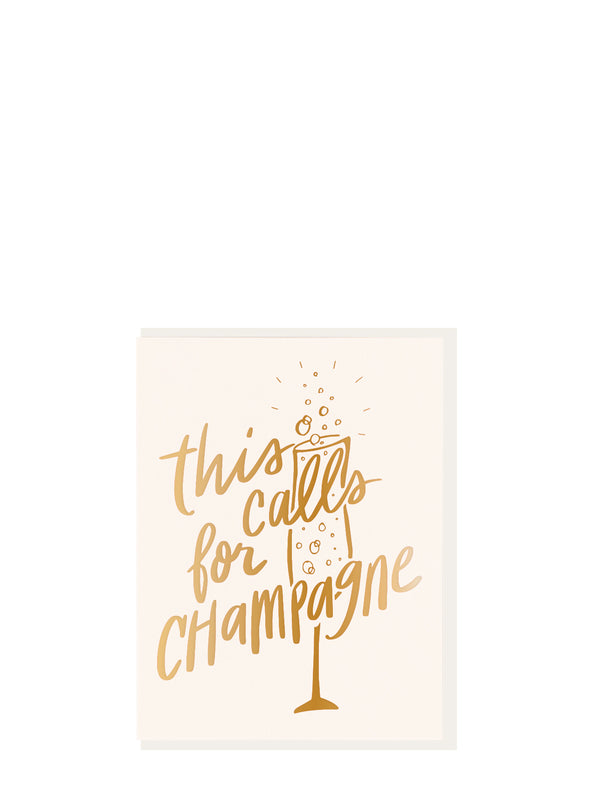Greeting card with 'This calls for Champagne' text and champagne glass design on a white background