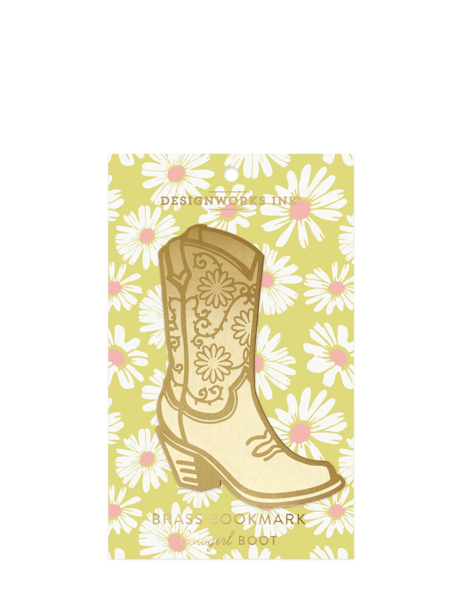 Cowboy boot bookmark with floral pattern on a yellow background