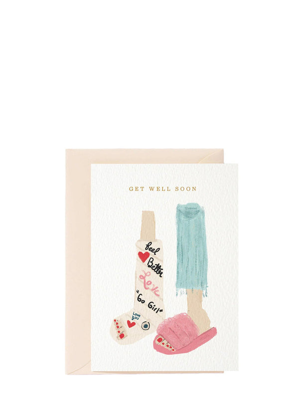 Get well greeting card featuring someone with broken leg 