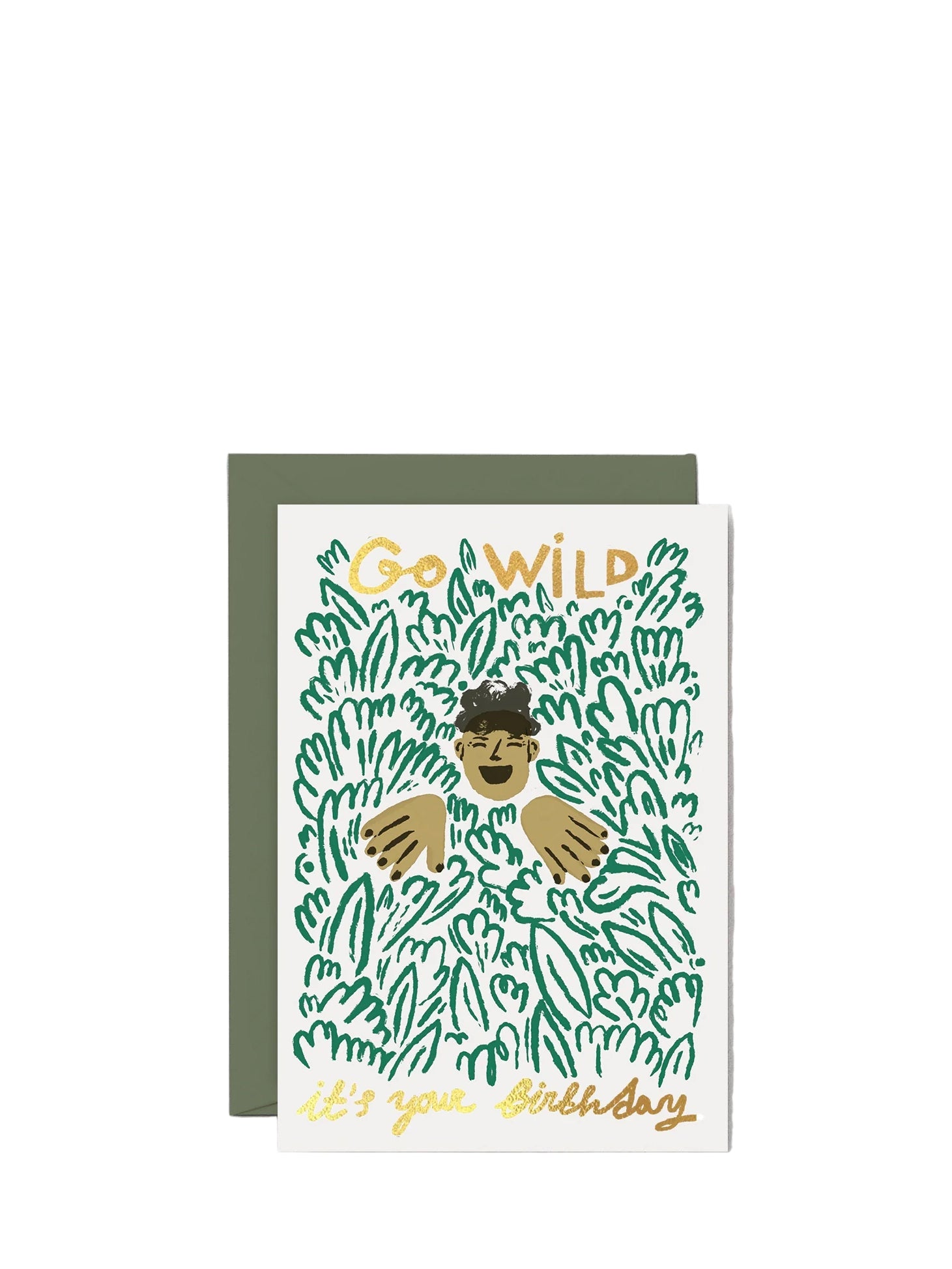 Greeting card with illustration of a person surrounded by plants and text 'Go Wild It's Your Birthday' on a white background.