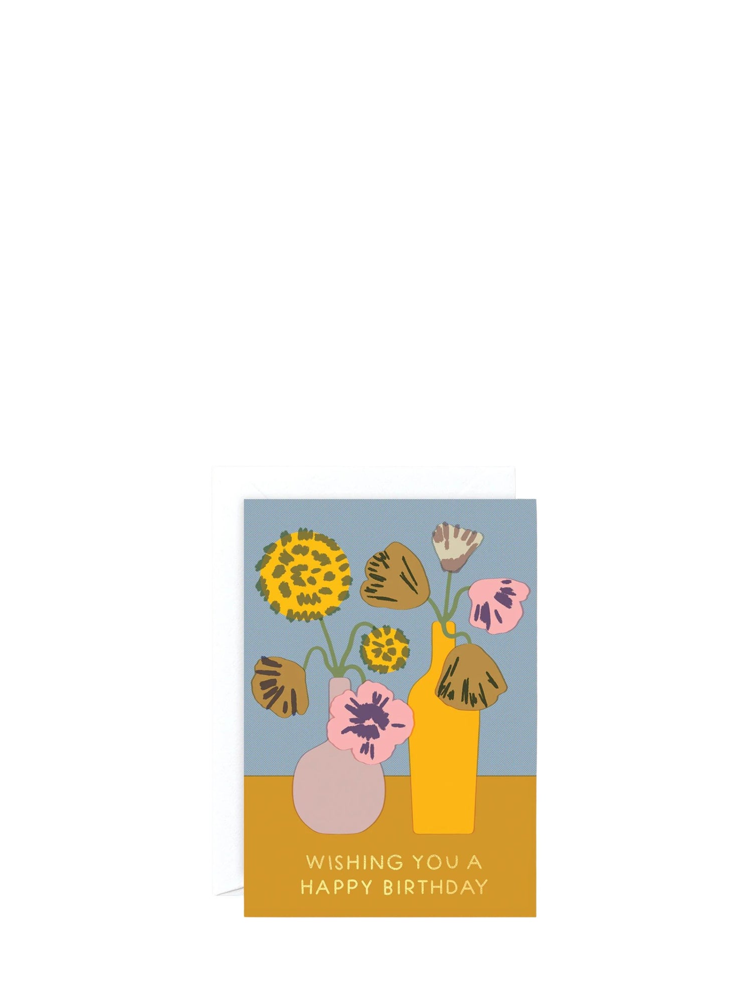 Greeting card with floral design and 'Wishing you a happy birthday' text on a blue and yellow background