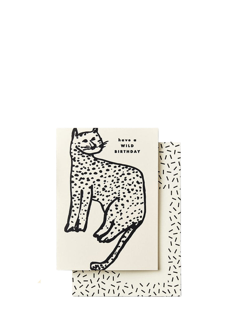 Birthday greeting card with a leopard illustration and text on a white background