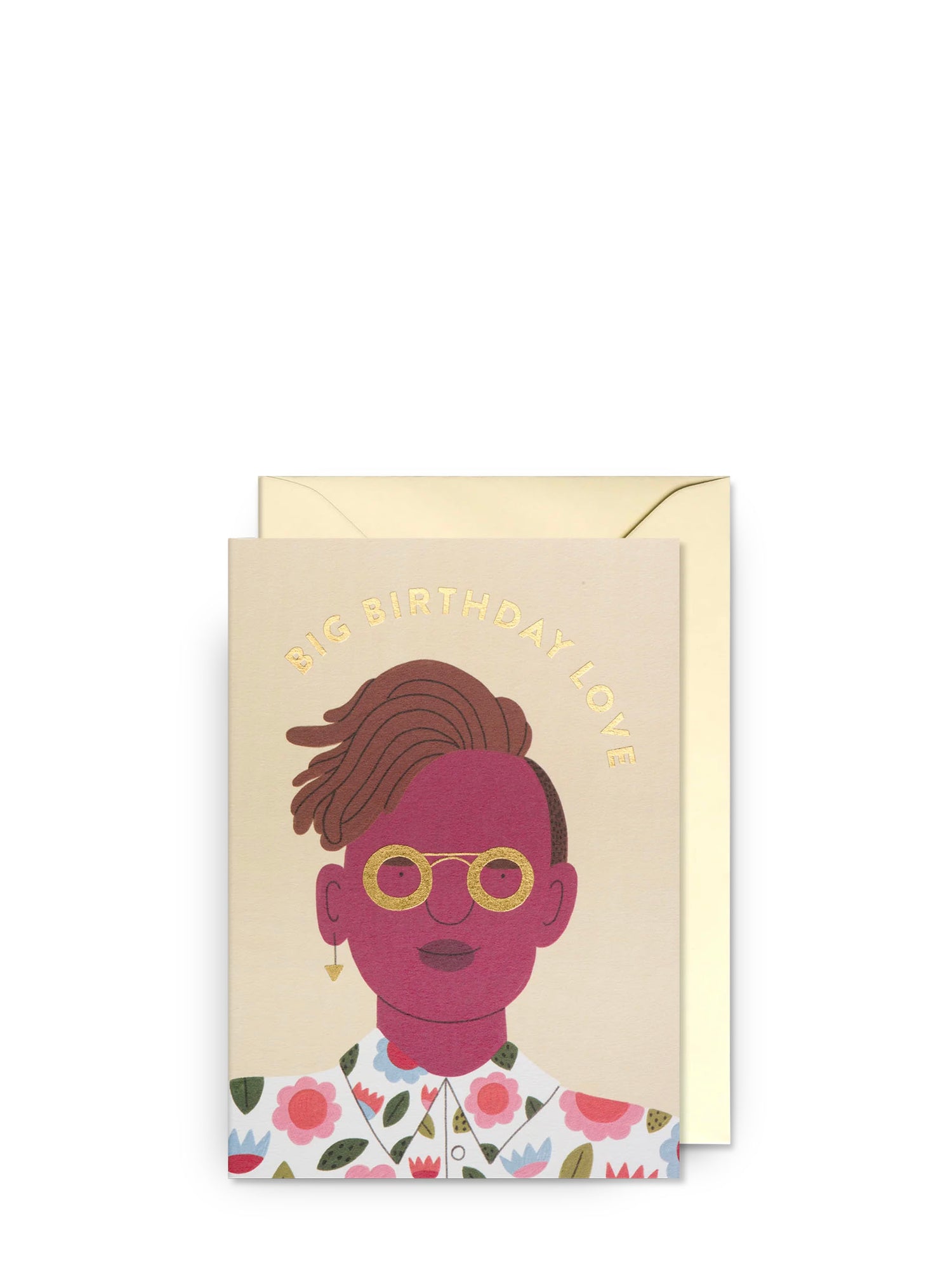 Greeting card with a stylized illustration of a person wearing glasses and a floral shirt, with 'Big Birthday Love' text on a beige background.