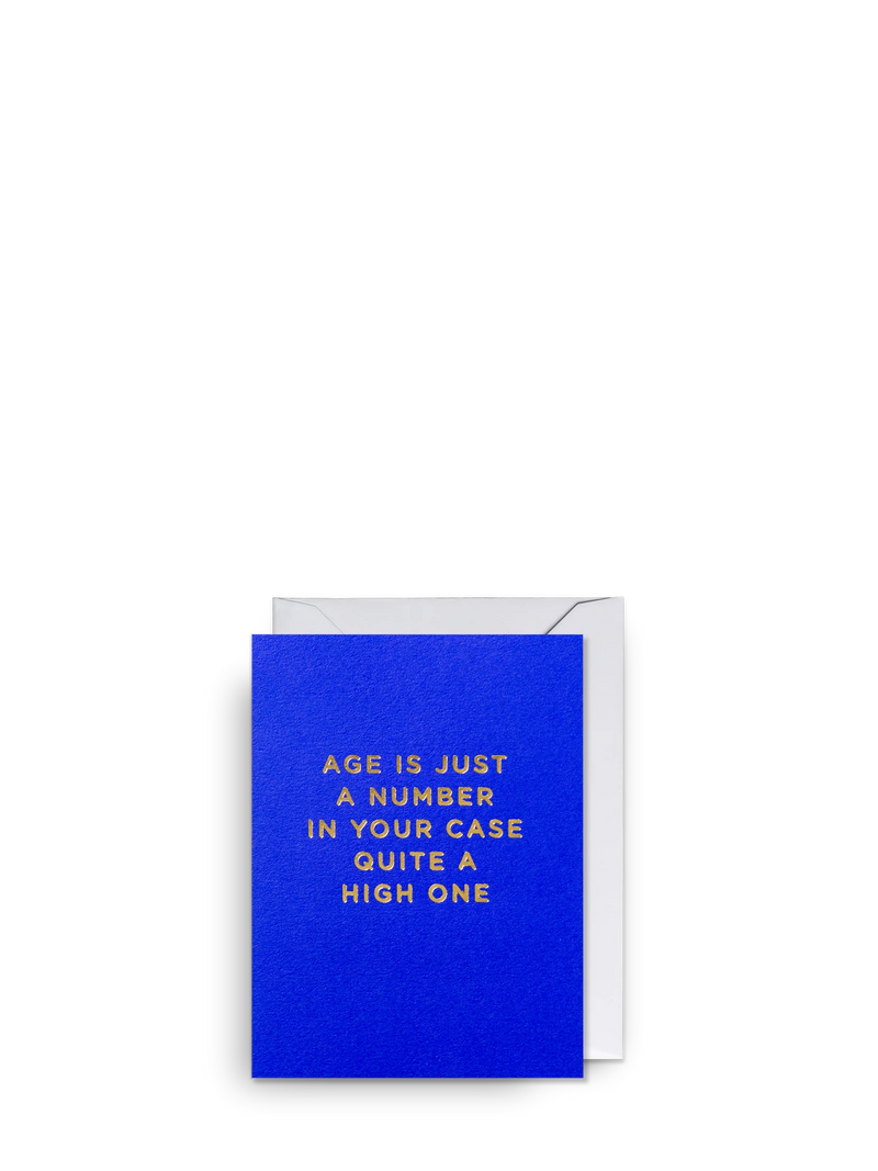 Blue card with golden text and white envelope on a white background