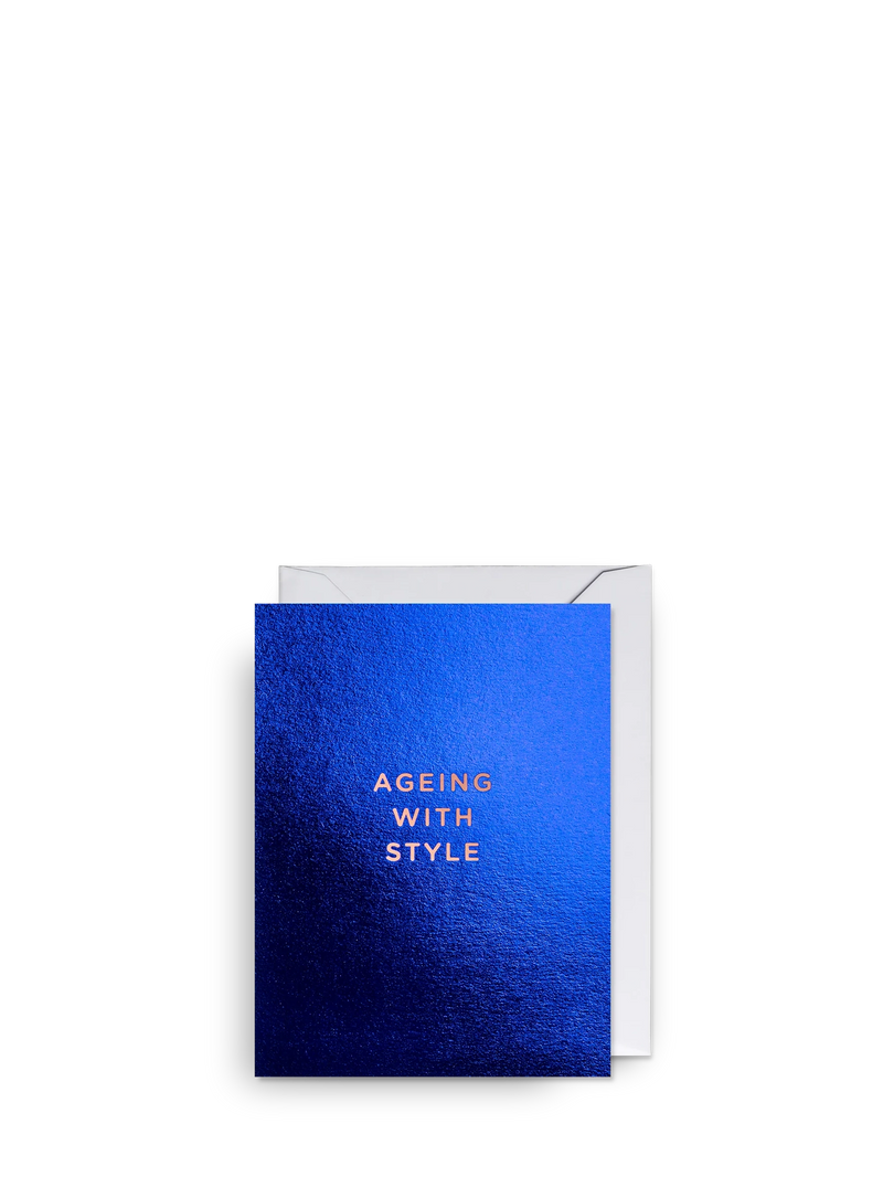 Blue card with 'Ageing with Style' text on a white background