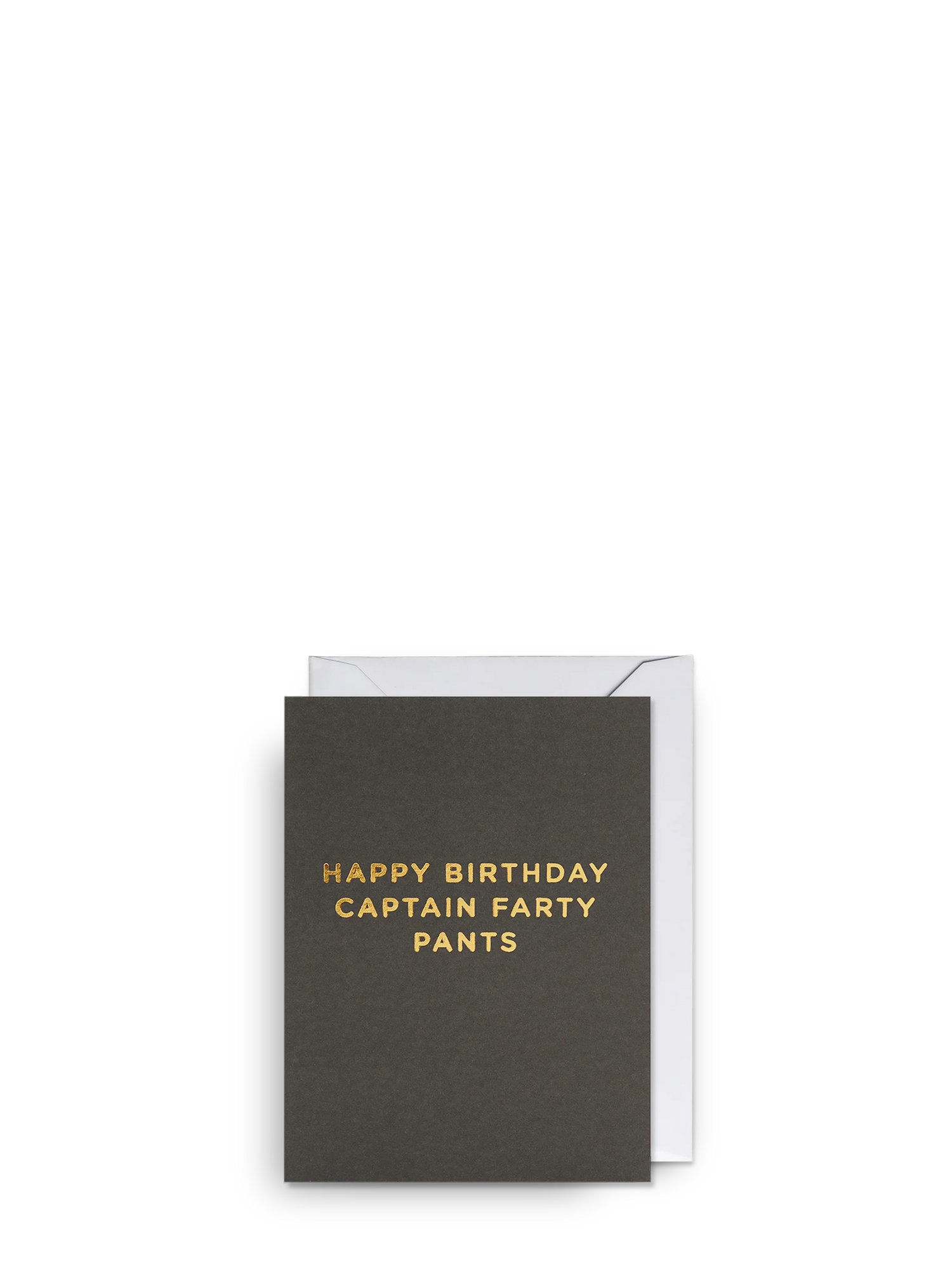 Black birthday card with gold text 'Happy Birthday Captain Farty Pants' on a white background