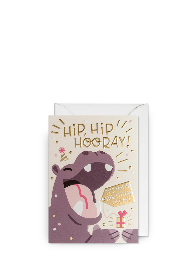 Birthday card with hippo illustration and 'Hip, Hip Hooray!' text on a white background