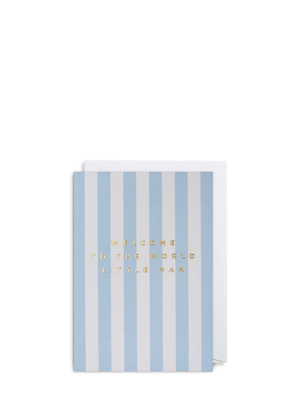 Striped card with 'Welcome to the World Little Man' text on a white background