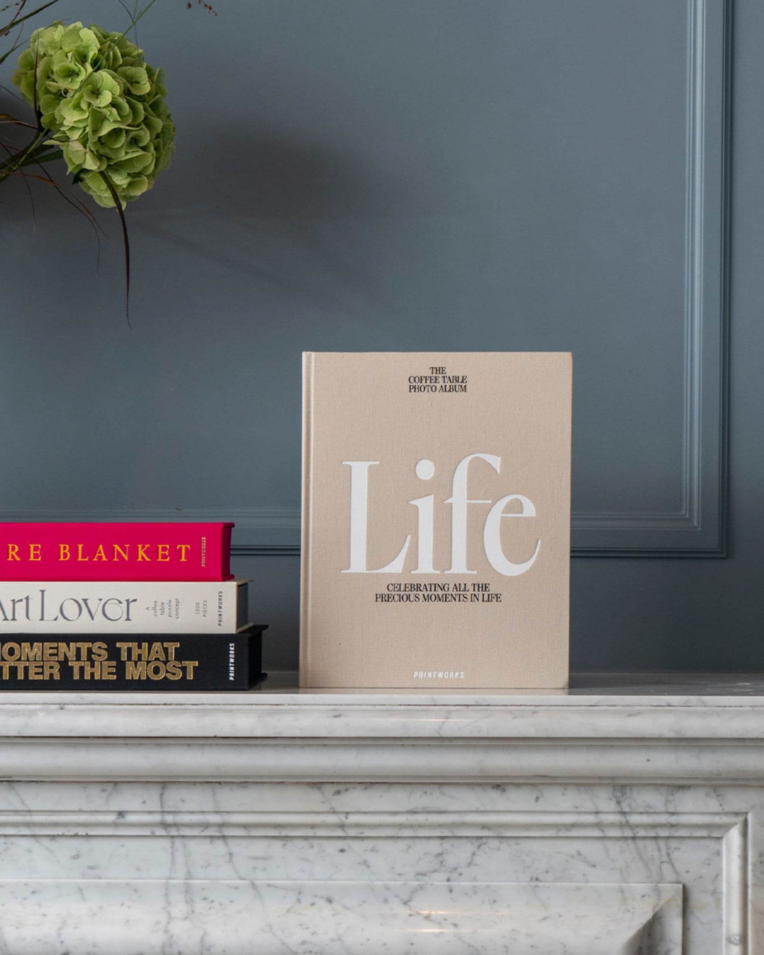 Photo album titled 'Life' on a shelf with decorative items against a dark wall.