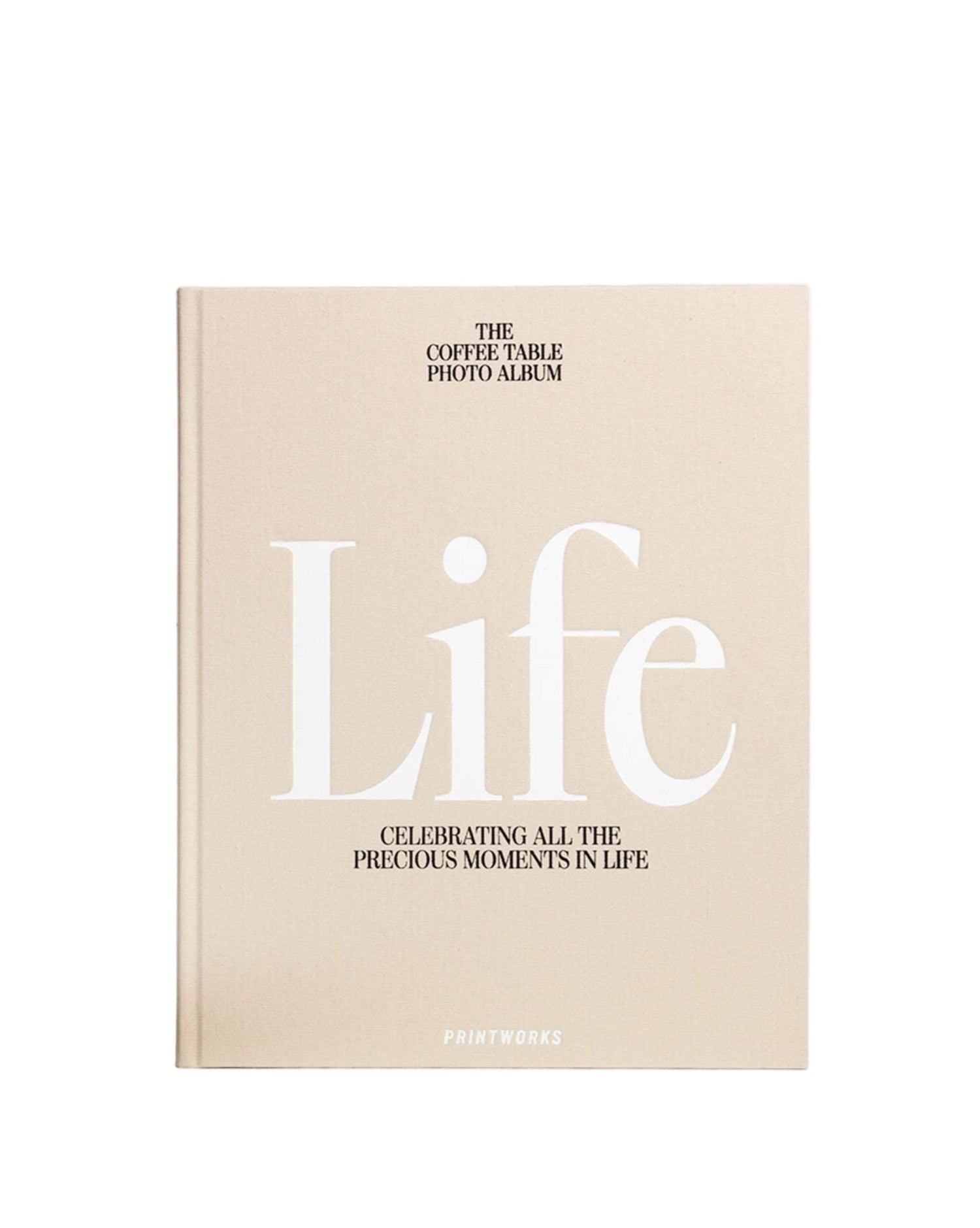Beige coffee table photo album titled 'Life' on a white background
