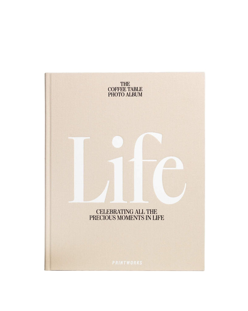 Beige coffee table photo album titled 'Life' on a white background