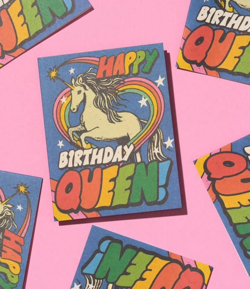 Colorful birthday card with unicorn illustration and 'Happy Birthday Queen!' text on a pink background.
