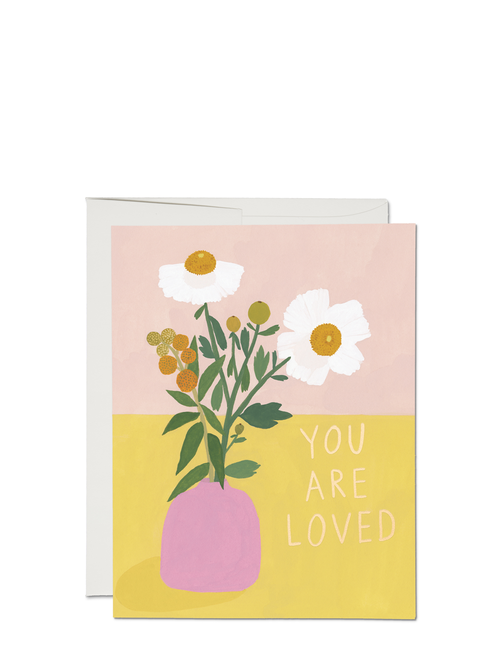 A greeting card with an illustration of white poppies in a pink vase on a yellow background, with the text 'YOU ARE LOVED' displayed.