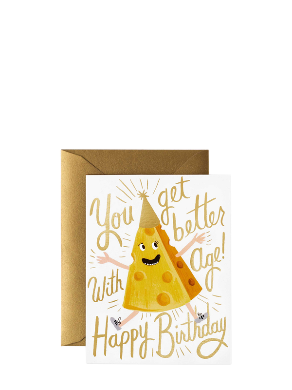 Birthday card with cheese character and text on a white background