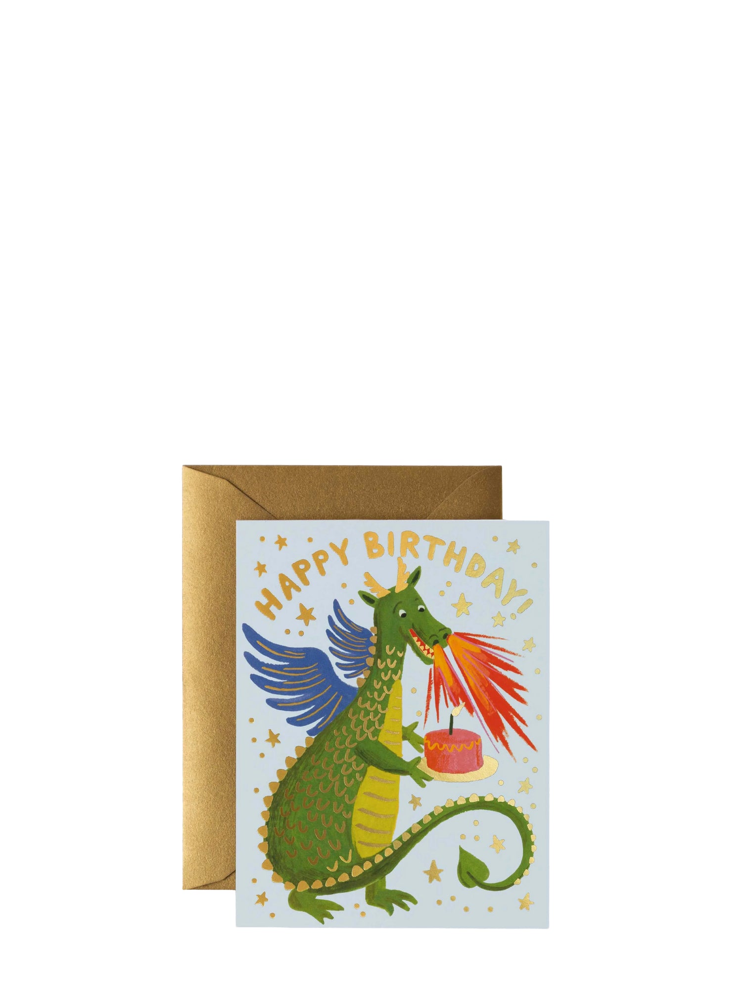 Birthday card with a dragon illustration and 'Happy Birthday!' text, featuring a brown envelope.