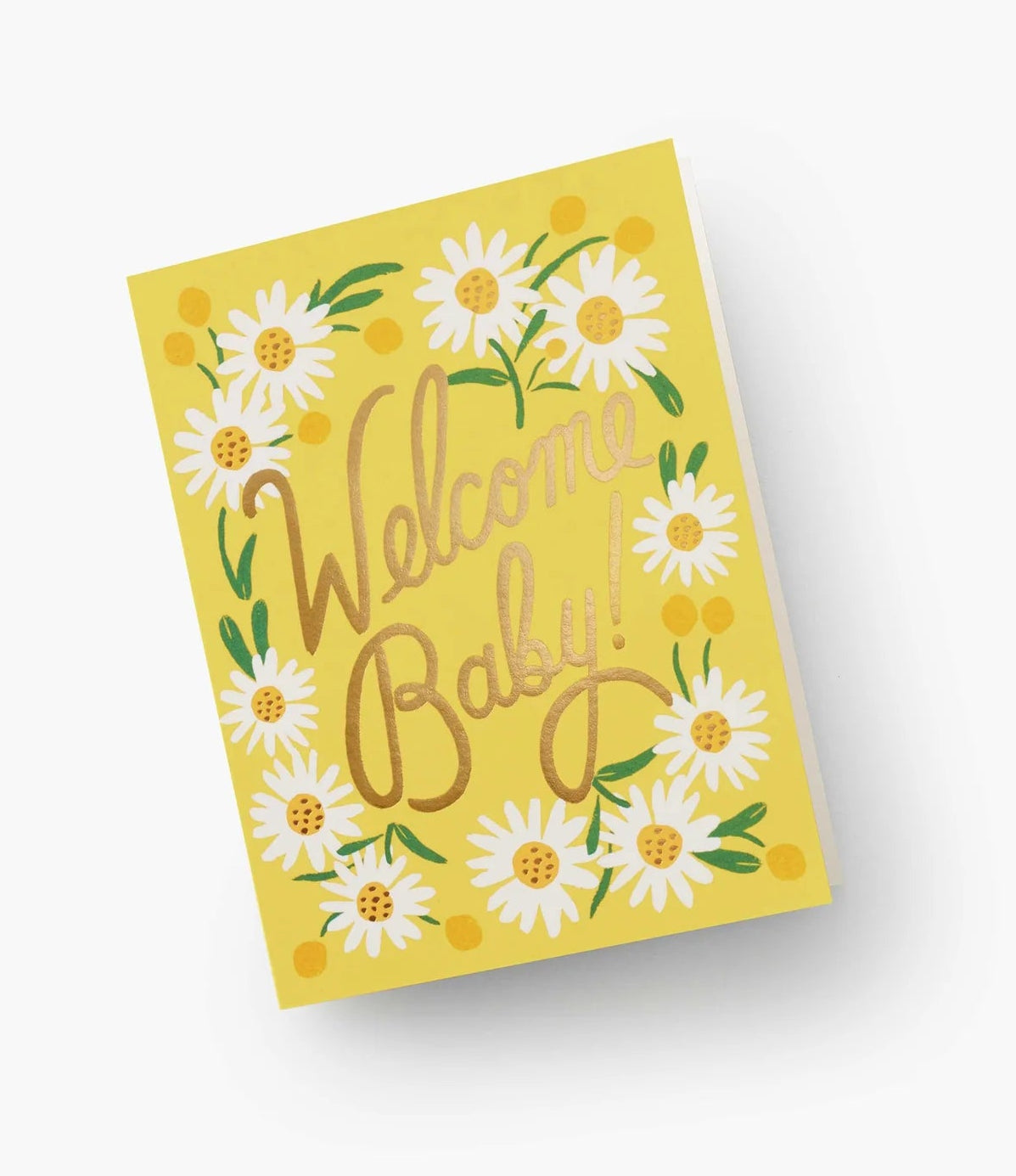 Yellow card with floral design and 'Welcome Baby!' text on a white background